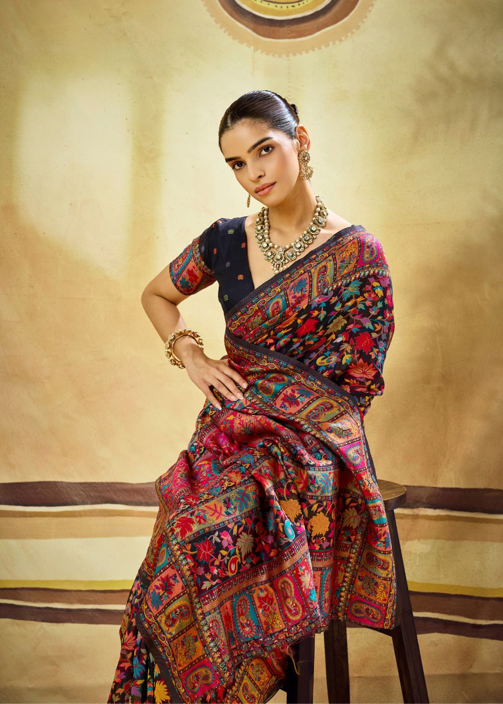 Black Multicolor Pure Kashmiri Modal Cotton Pashmina Weaving Saree