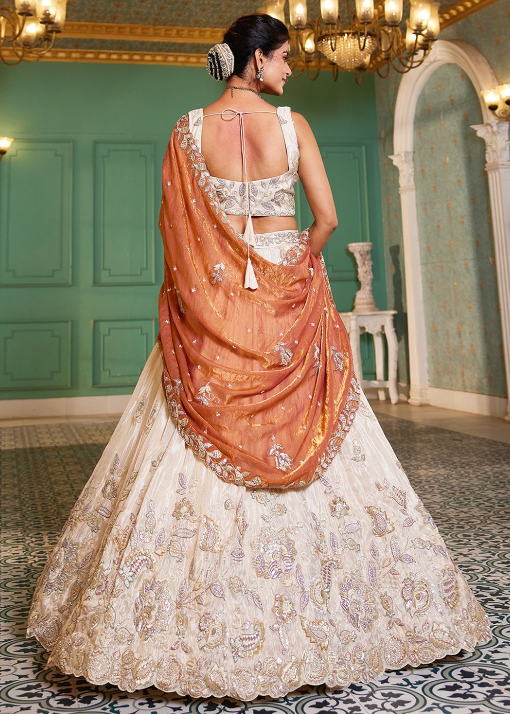 Ivory Tissue Lehenga with Rust Orange Dupatta