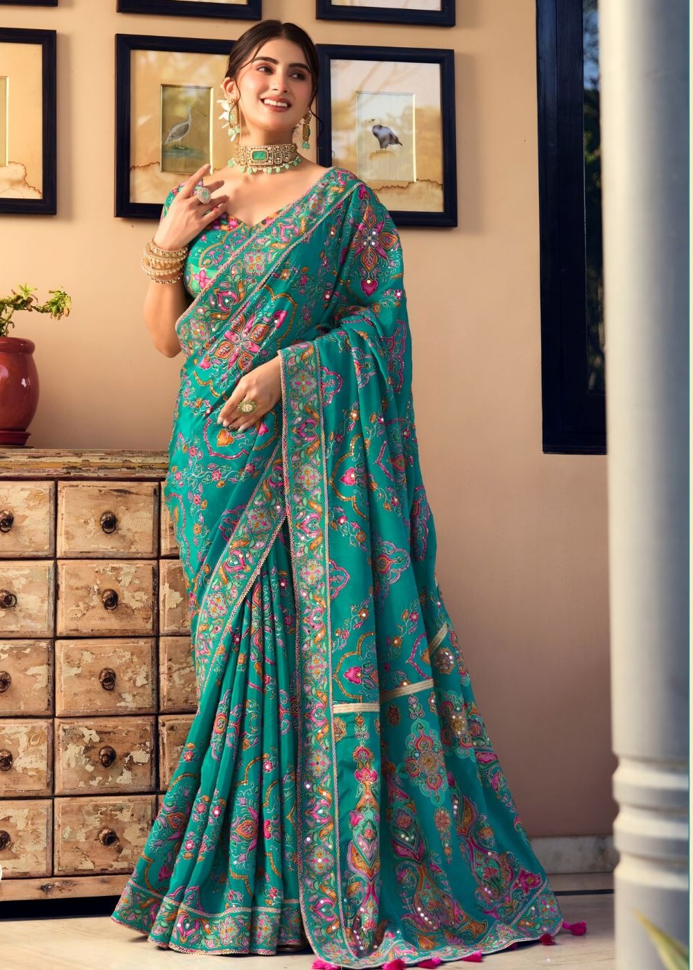 Peacock Green Heritage Designer Saree