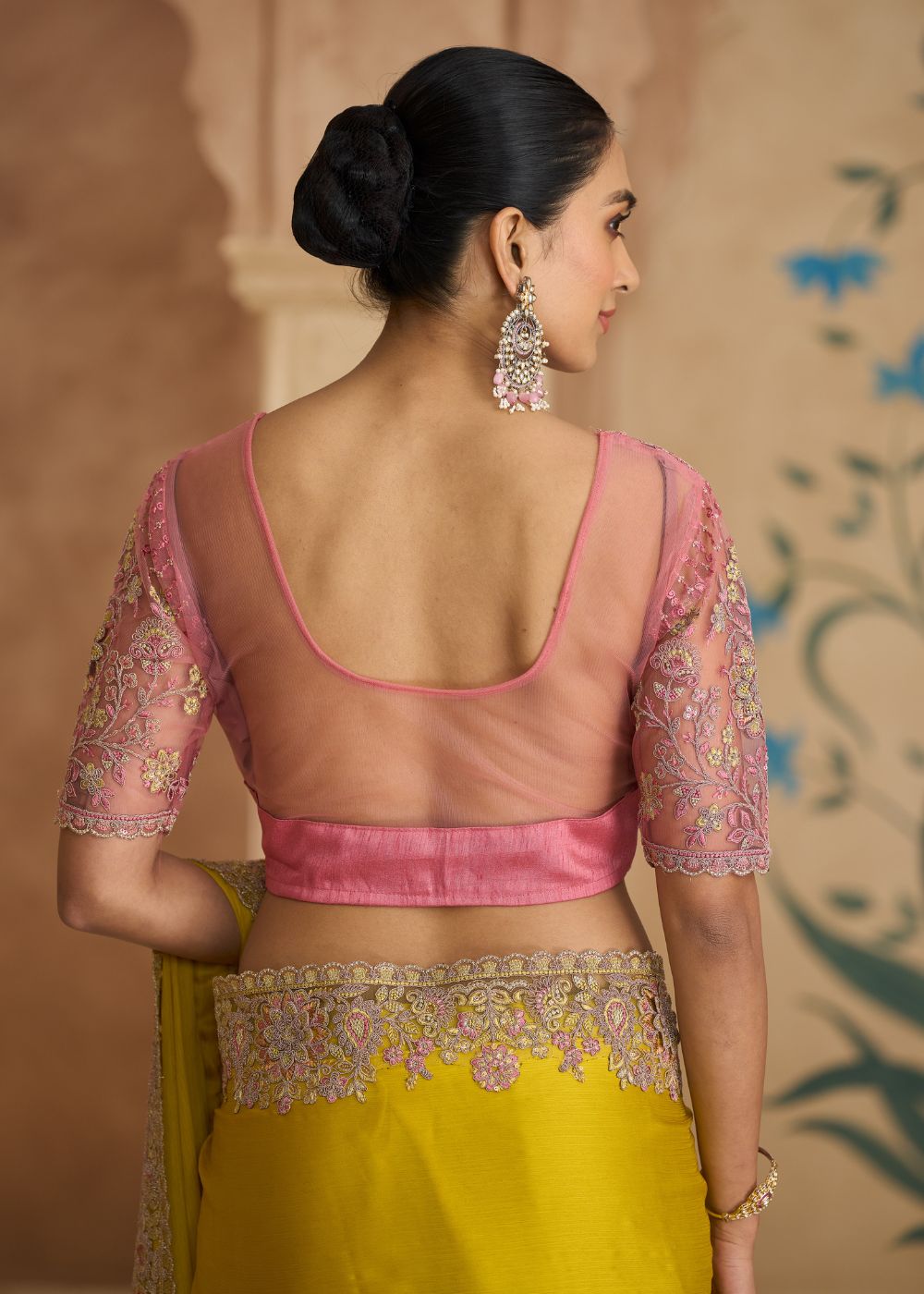 Gold Satin Chiffon Saree with Banglori Work Blouse