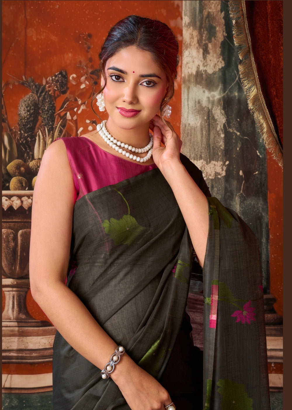 Charcoal Blossom Khadi Cotton Saree