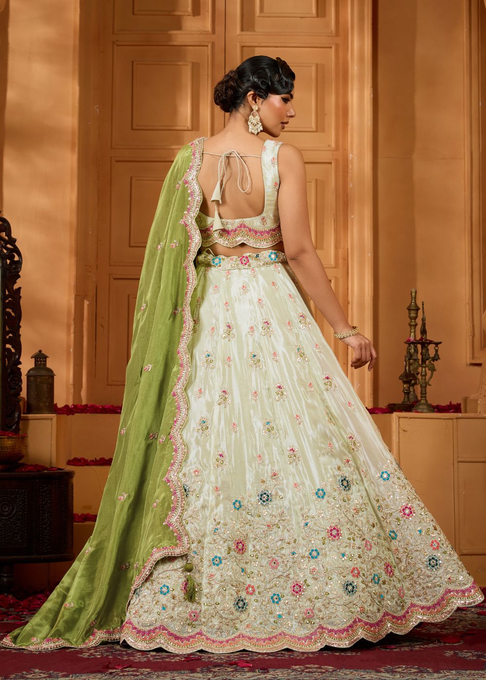 Ivory Lime Green Tissue Silk Lehenga Set
