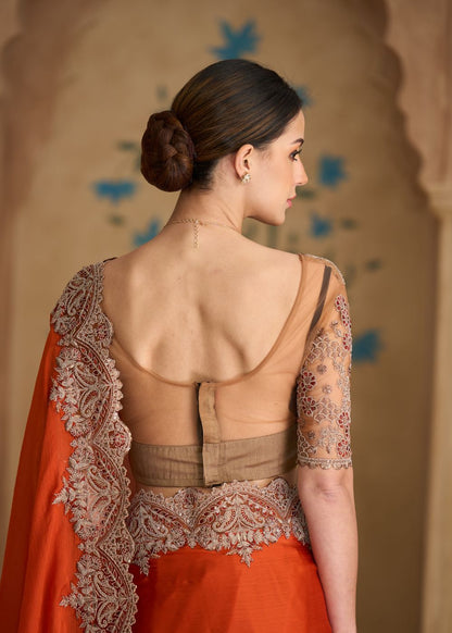 Saffron Satin Chiffon Saree with Banglori Work Blouse