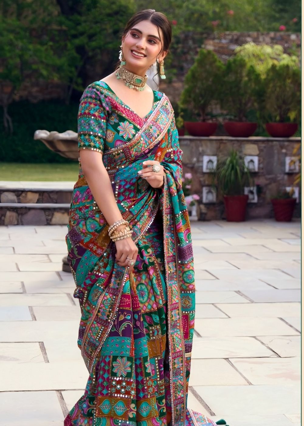 Emerald Heritage Mirror Work Saree