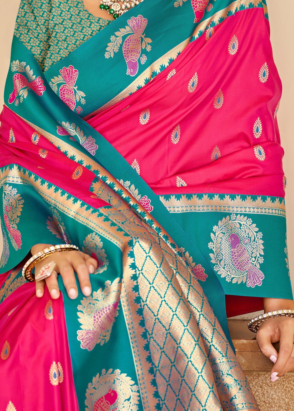Pink & Teal Silk Zari Saree