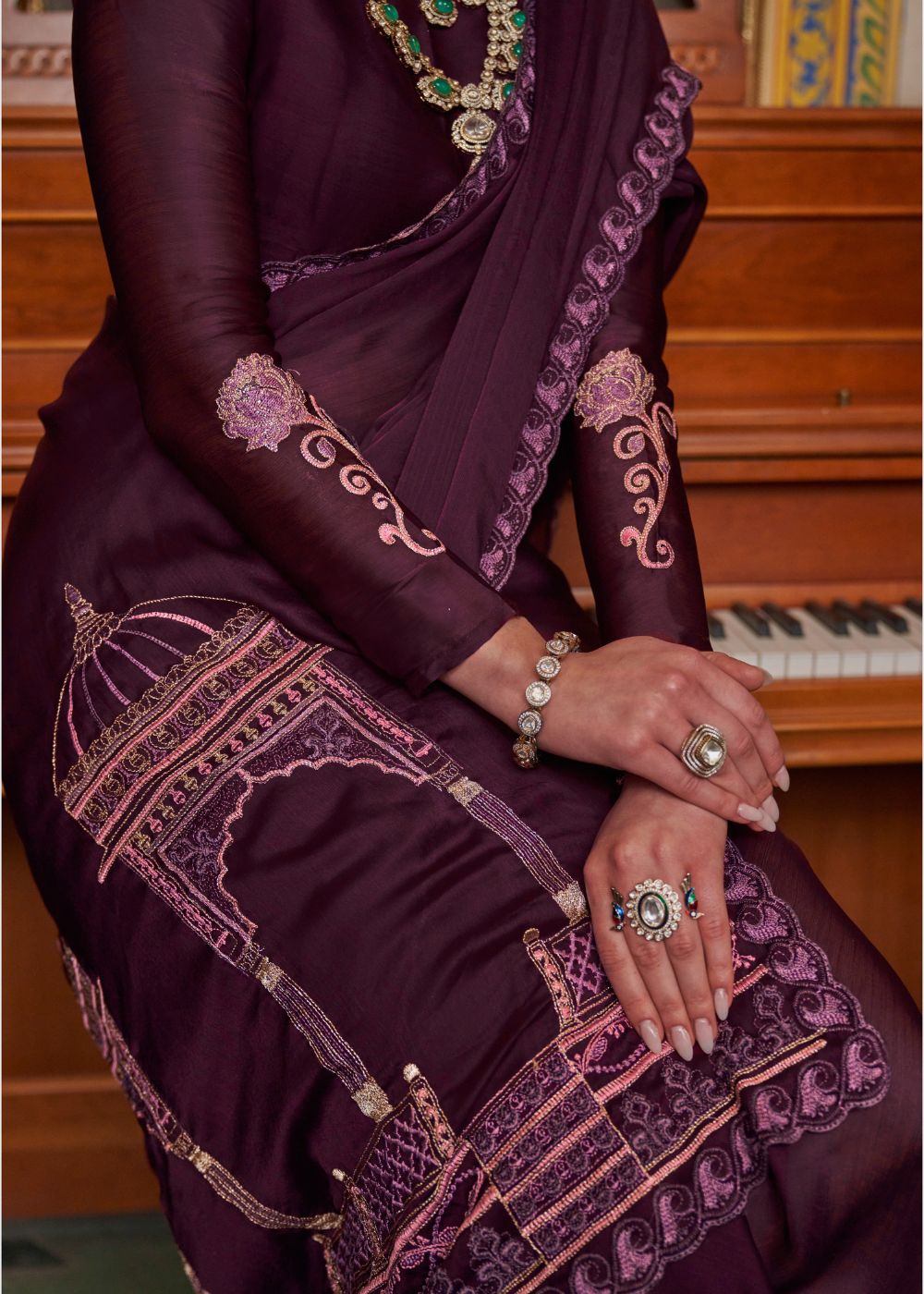 Royal Wine Embroidery Work Saree