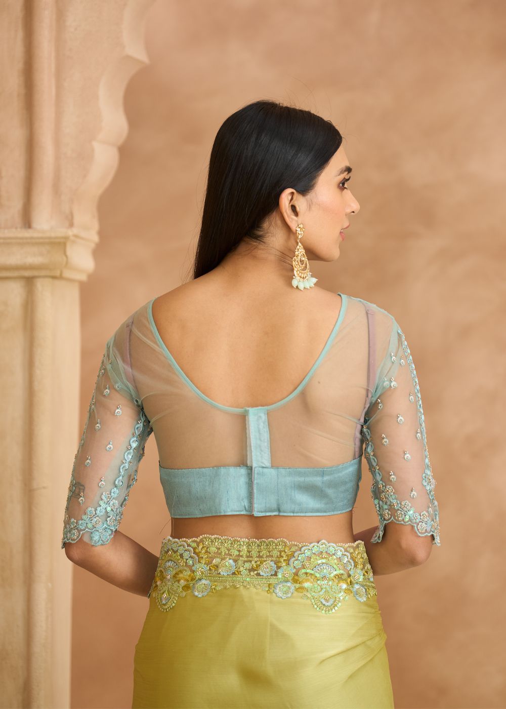 Pistachio Green Satin Chiffon Saree with Banglori Work Blouse