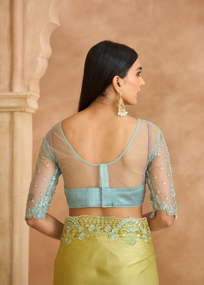 Pistachio Green Satin Chiffon Saree with Banglori Work Blouse