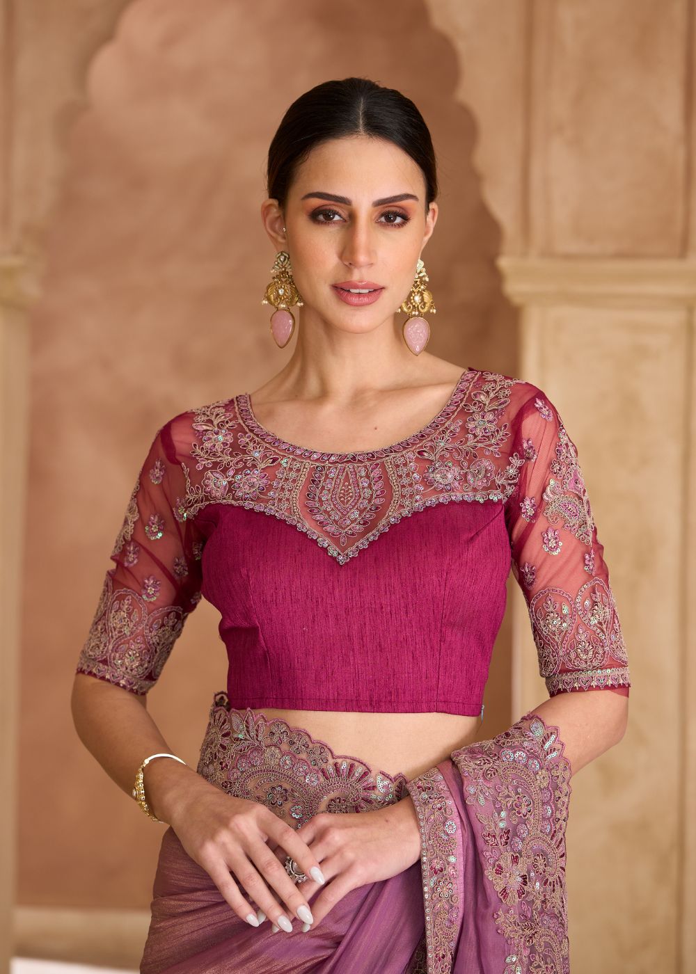 Onion Pink Tissue Crashed Georgette Saree with Banglori Work Blouse