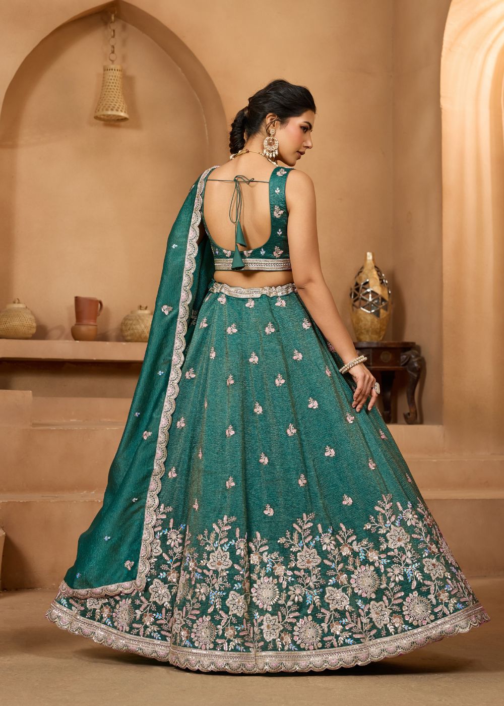 Emerald Green Tissue Silk Lehenga Set