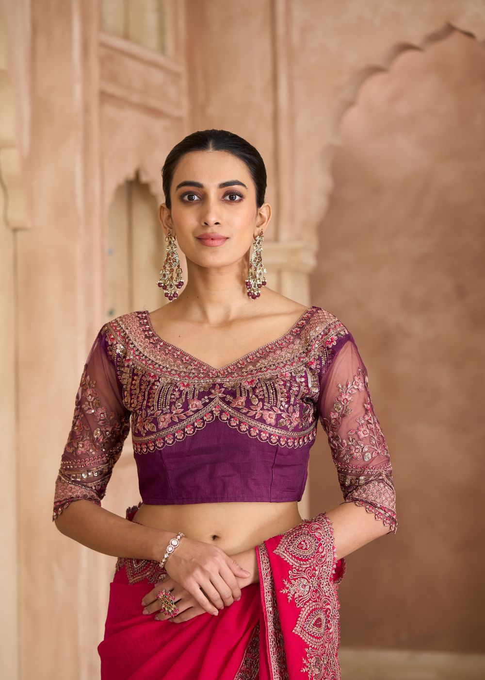 Cherry Red Satin Georgette Saree with Banglori Work Blouse