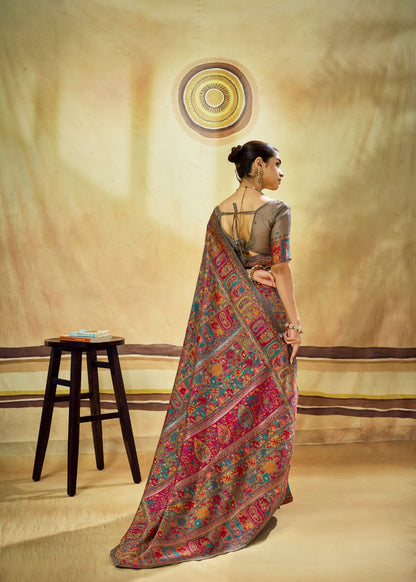 Grey Multicolor Pure Kashmiri Modal Cotton Pashmina Weaving Saree