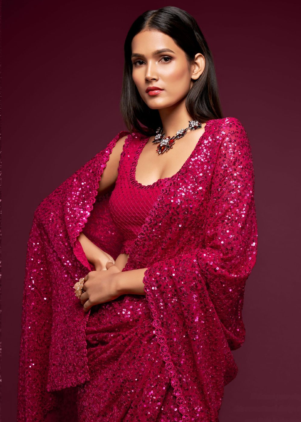 Hot Pink Sequin Party Wear Saree