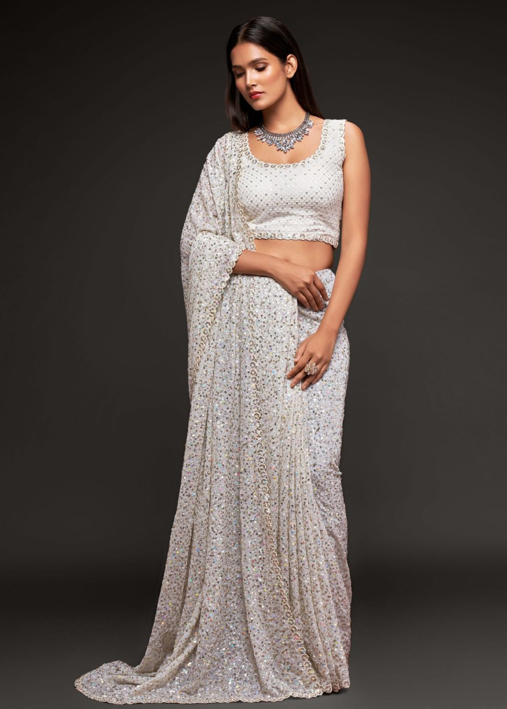 Pearl White Premium Sequin Saree