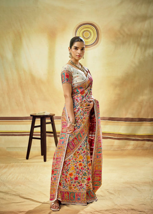 Off White Multicolor Pure Kashmiri Modal Cotton Pashmina Weaving Saree