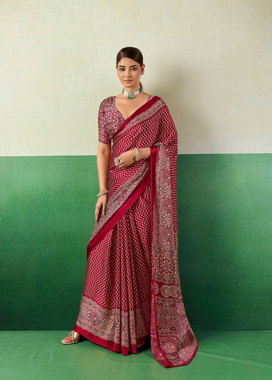 Ruby Pink Ajrakh Saree