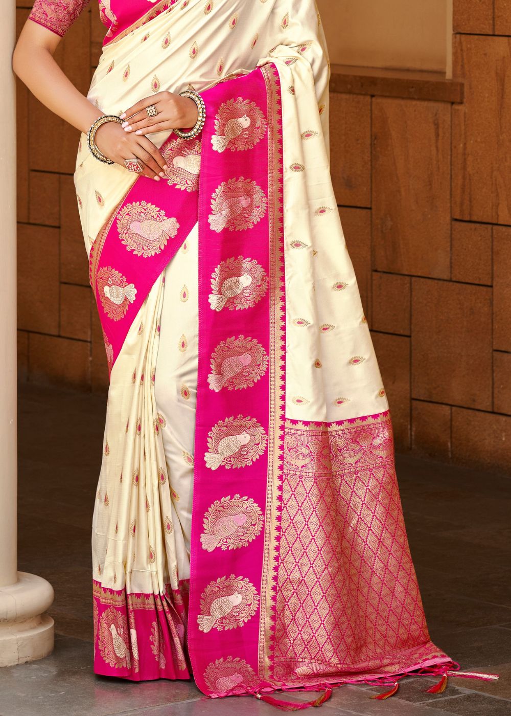 Cream & Pink Silk Zari Saree