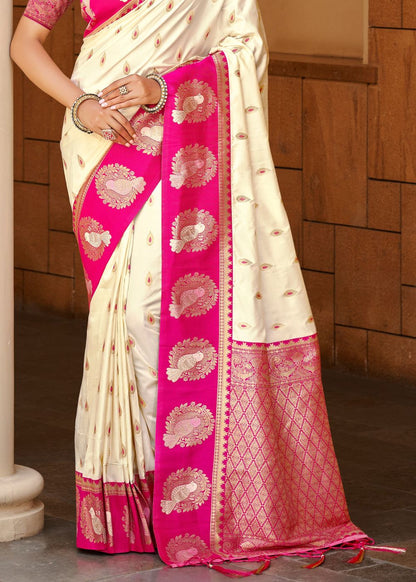 Cream & Pink Silk Zari Saree