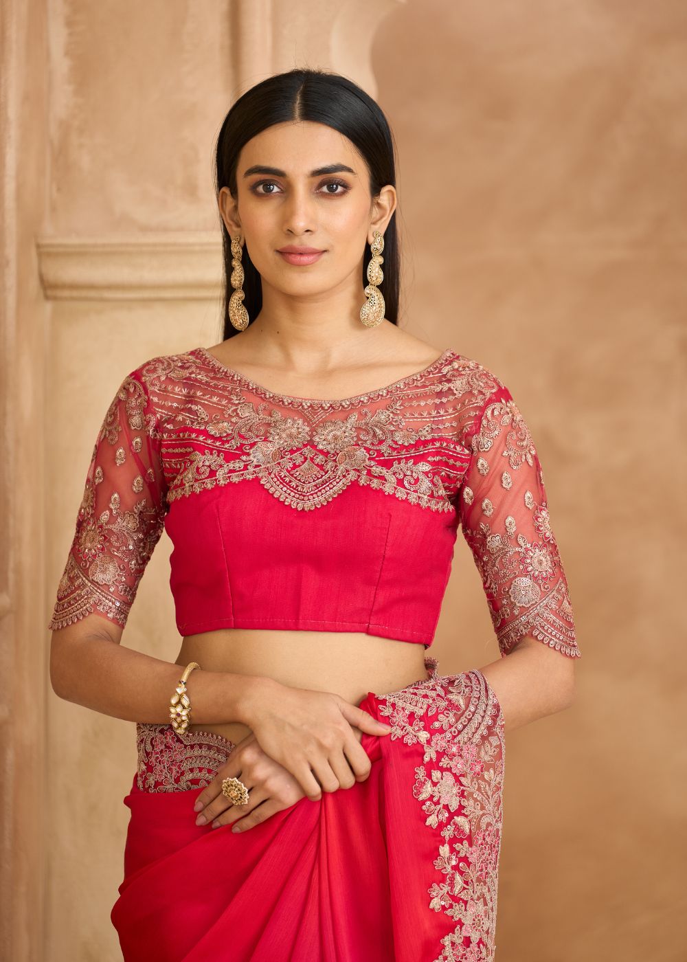 Rich Pink Satin Chiffon Saree with Satin Work Blouse