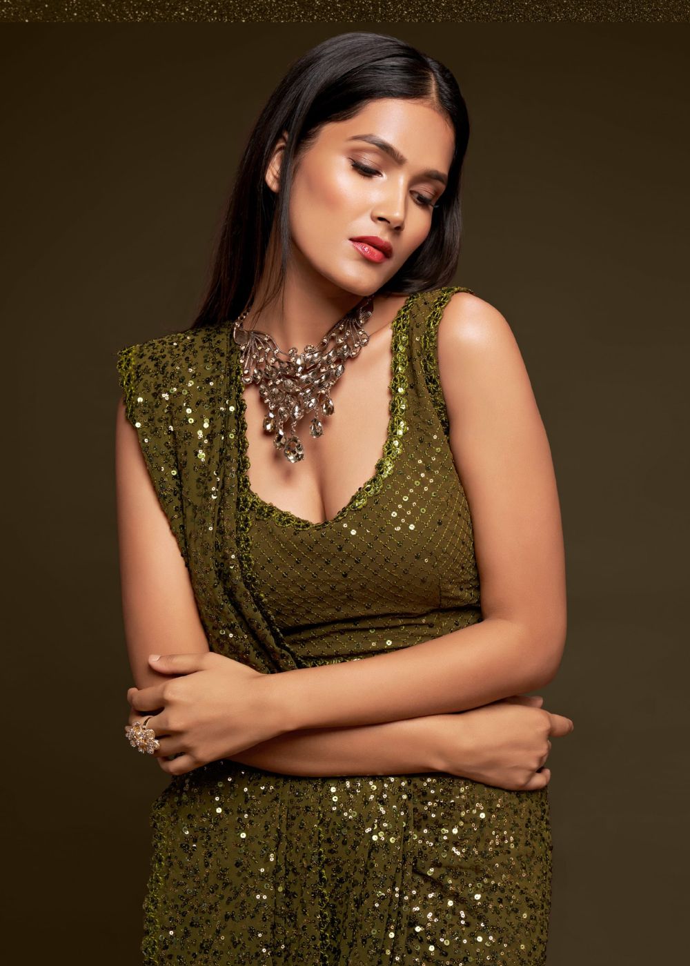 Olive Green Sequin Designer Saree