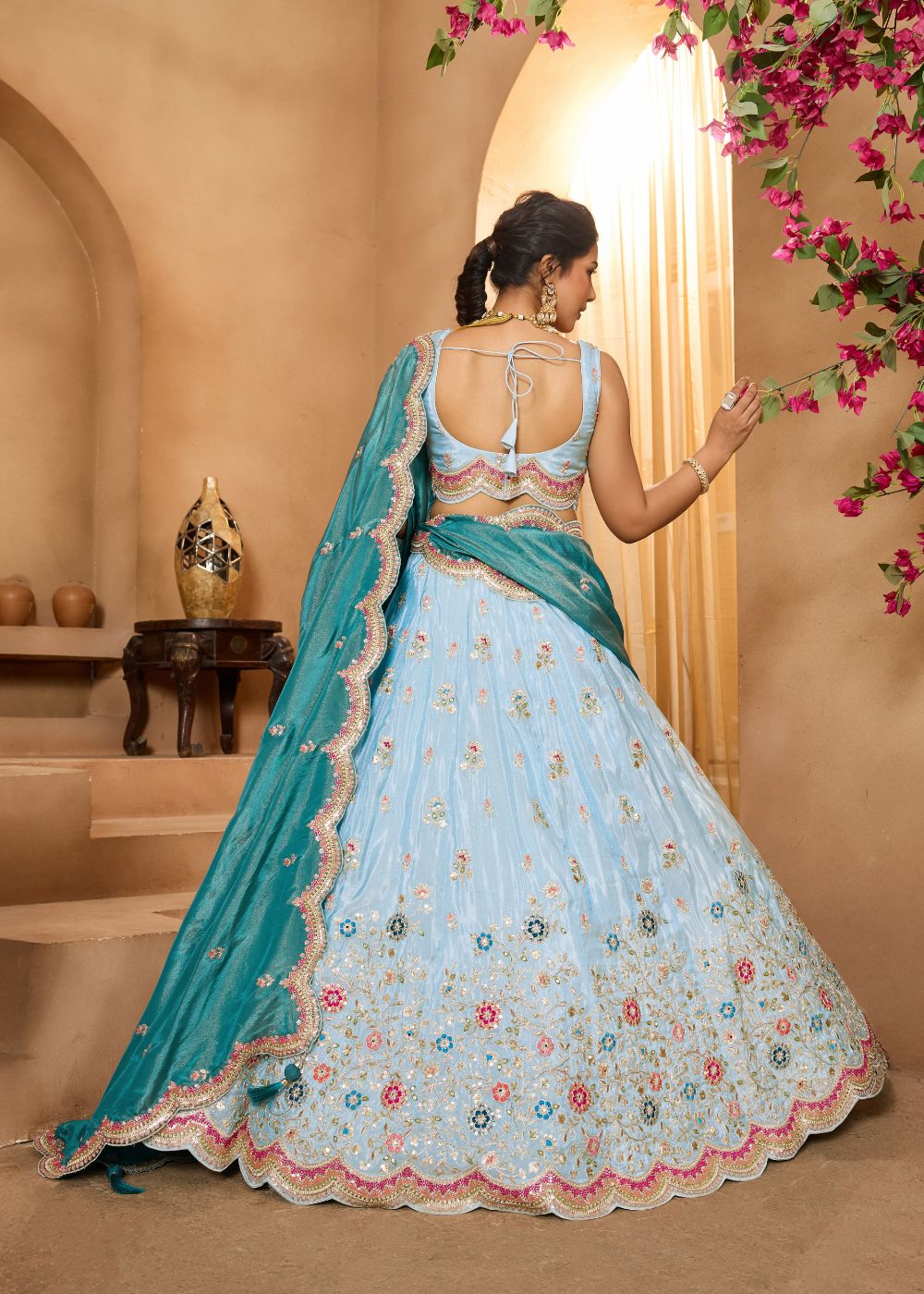 Turquoise Blue Tissue Silk Lehenga Set
