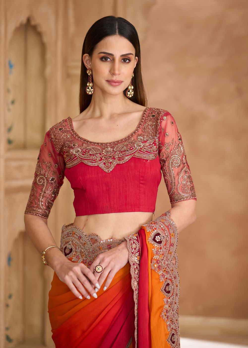 Orange Sparkle Shaded Chiffon Saree with Banglori Work Blou