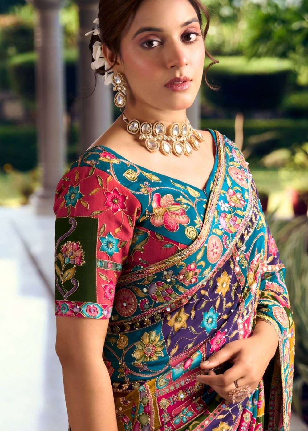 Royal Teal Mirror Work Festive Saree