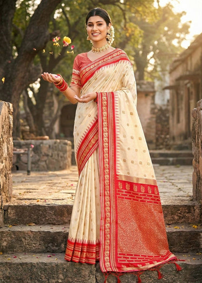 Cream & Red Kanchivaram Soft Silk Saree