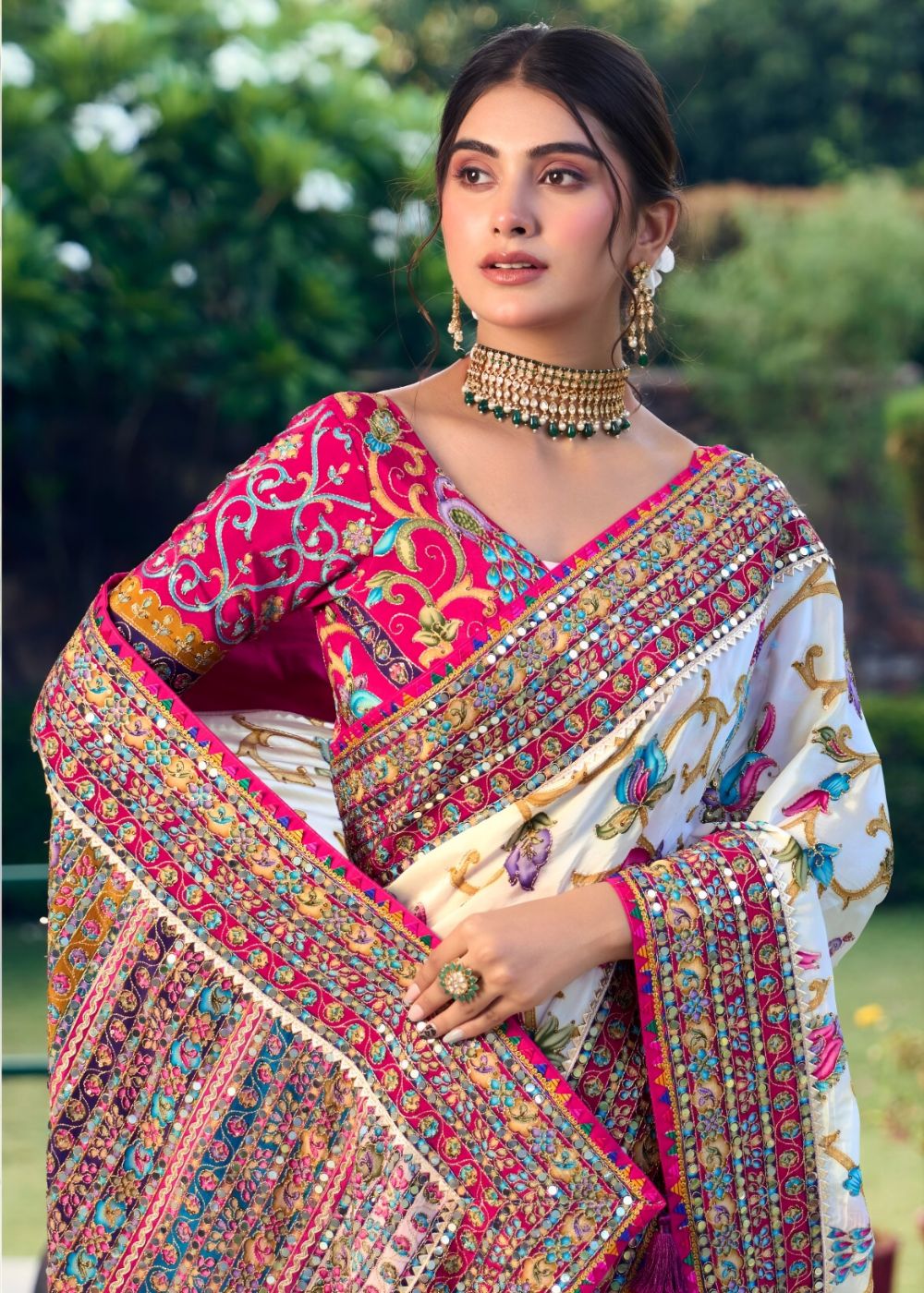 Ivory Floral Mirror Work Designer Saree