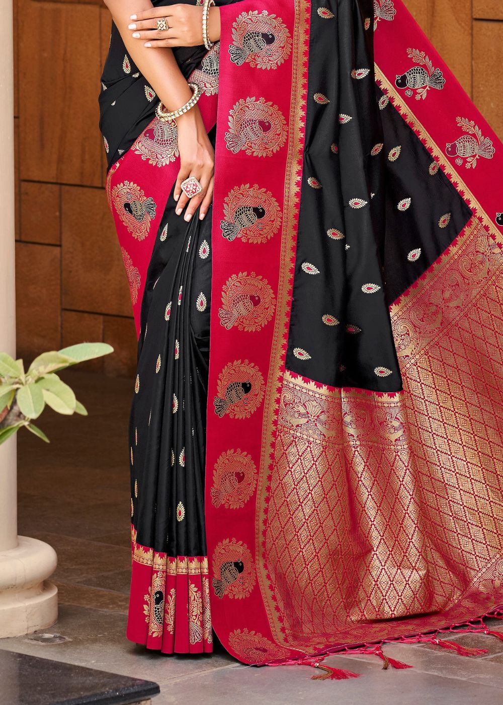 Black & Red Silk Zari Saree