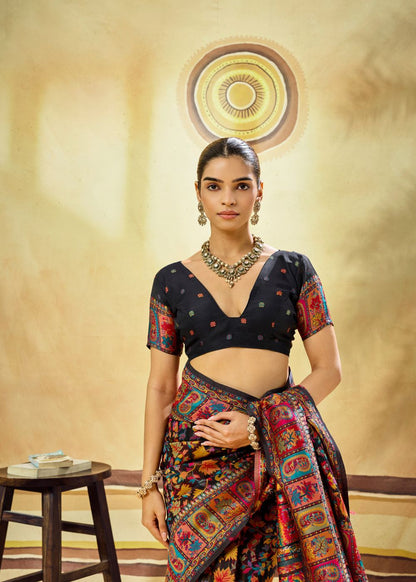 Black Multicolor Pure Kashmiri Modal Cotton Pashmina Weaving Saree