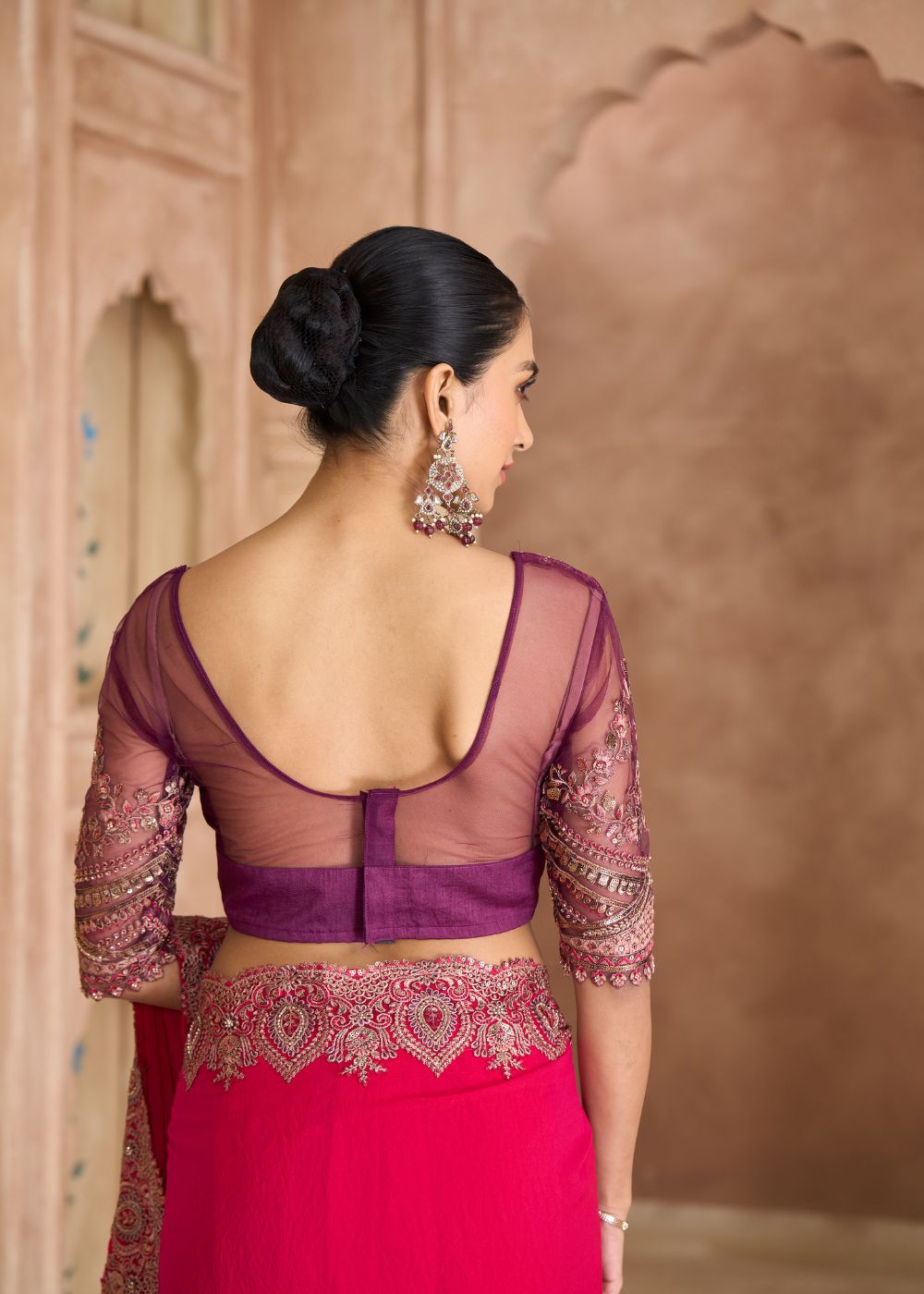 Cherry Red Satin Georgette Saree with Banglori Work Blouse