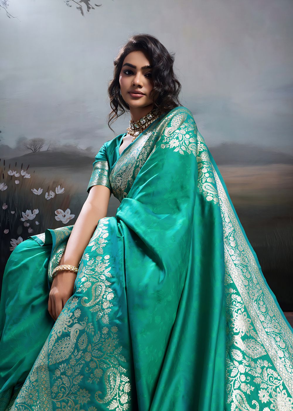 Turquoise Green Elegant Silk Saree