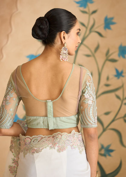 Powder White Silk Georgette Saree with Banglori Work Blouse