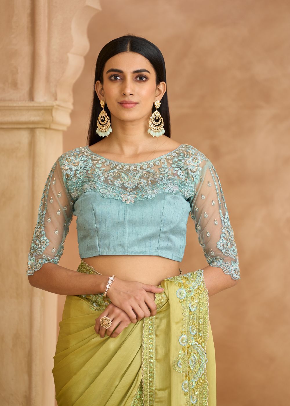 Pistachio Green Satin Chiffon Saree with Banglori Work Blouse