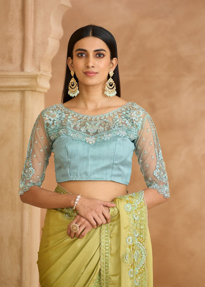 Pistachio Green Satin Chiffon Saree with Banglori Work Blouse