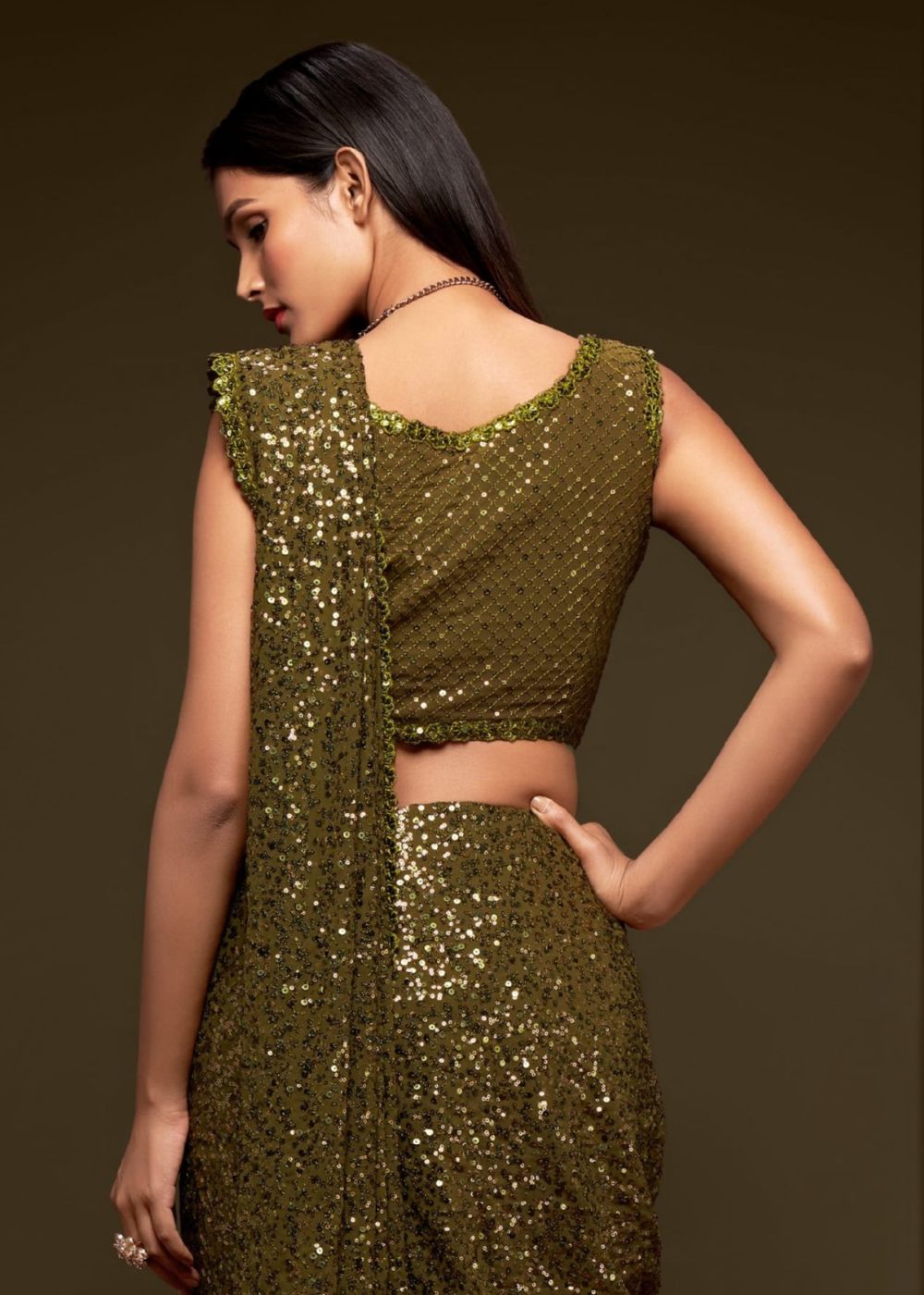 Olive Green Sequin Designer Saree