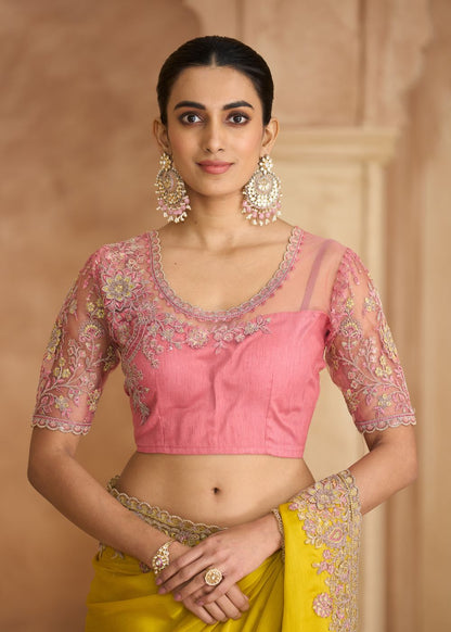 Gold Satin Chiffon Saree with Banglori Work Blouse