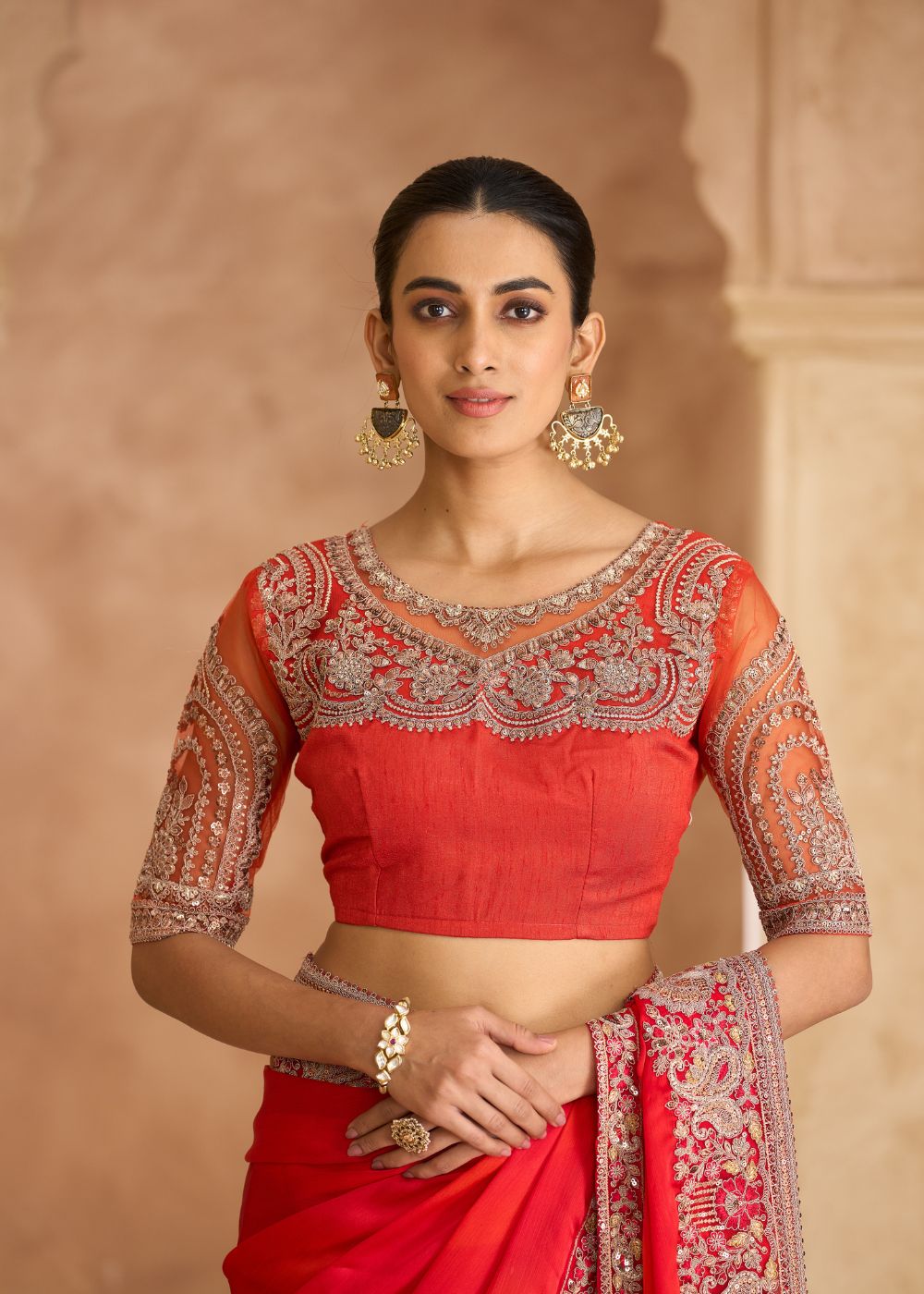 Majestic Shaded Satin Chiffon Saree with Banglori Work Blouse
