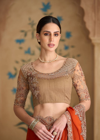 Saffron Satin Chiffon Saree with Banglori Work Blouse