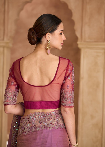 Onion Pink Tissue Crashed Georgette Saree with Banglori Work Blouse