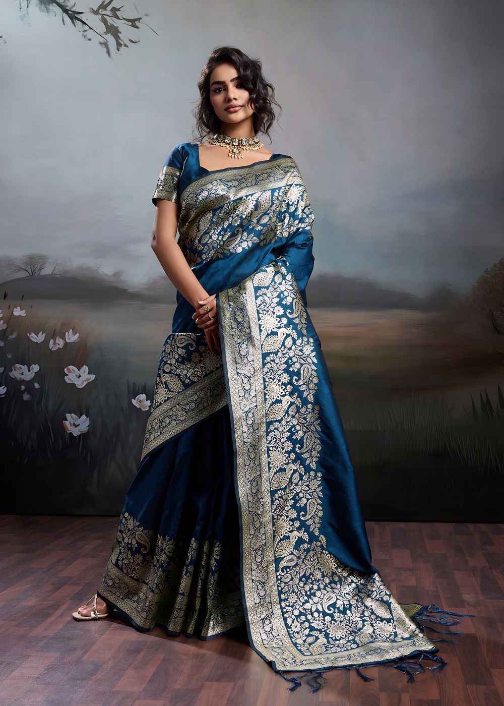Midnight Blue Heritage Silk Saree