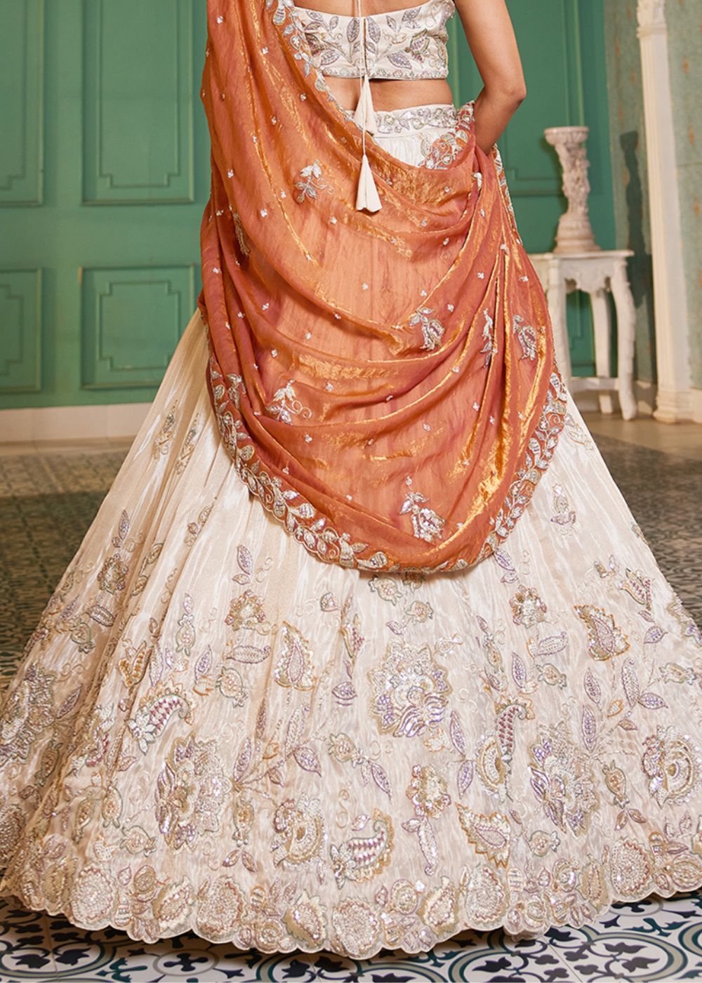 Ivory Tissue Lehenga with Rust Orange Dupatta