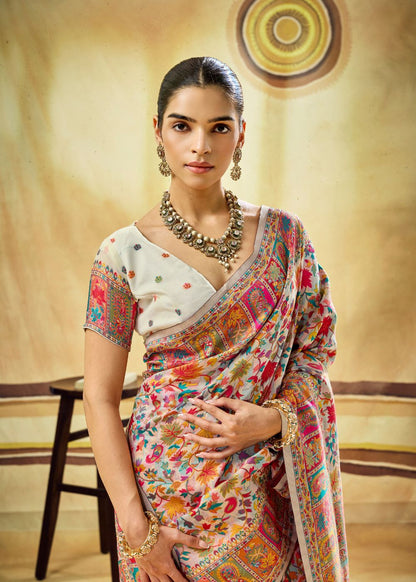 Off White Multicolor Pure Kashmiri Modal Cotton Pashmina Weaving Saree