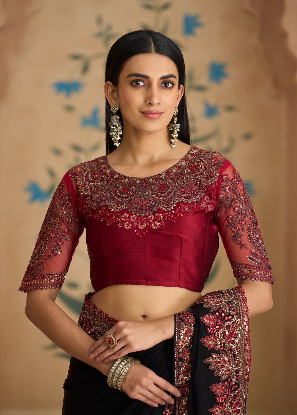 Pure Black Satin Chiffon Saree with Banglori Work Blouse