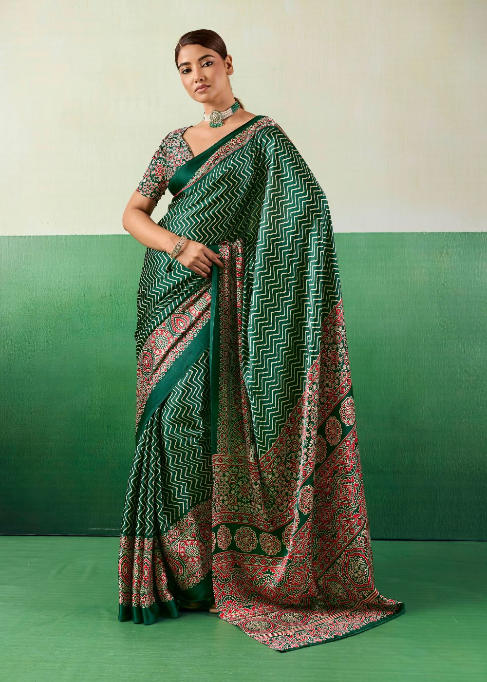 Emerald Ajrakh Satin Saree