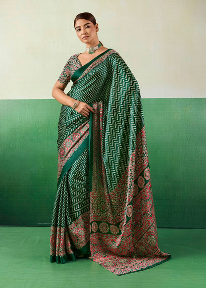 Emerald Ajrakh Satin Saree