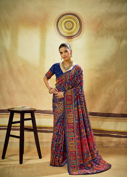 Royal Blue Multicolor Pure Kashmiri Modal Cotton Pashmina Weaving Saree